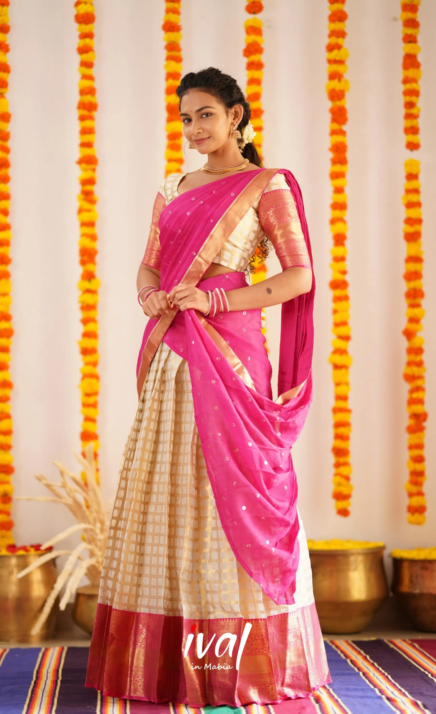 Izhaiyini Organza Halfsaree - Offwhite And Pink Half Sarees