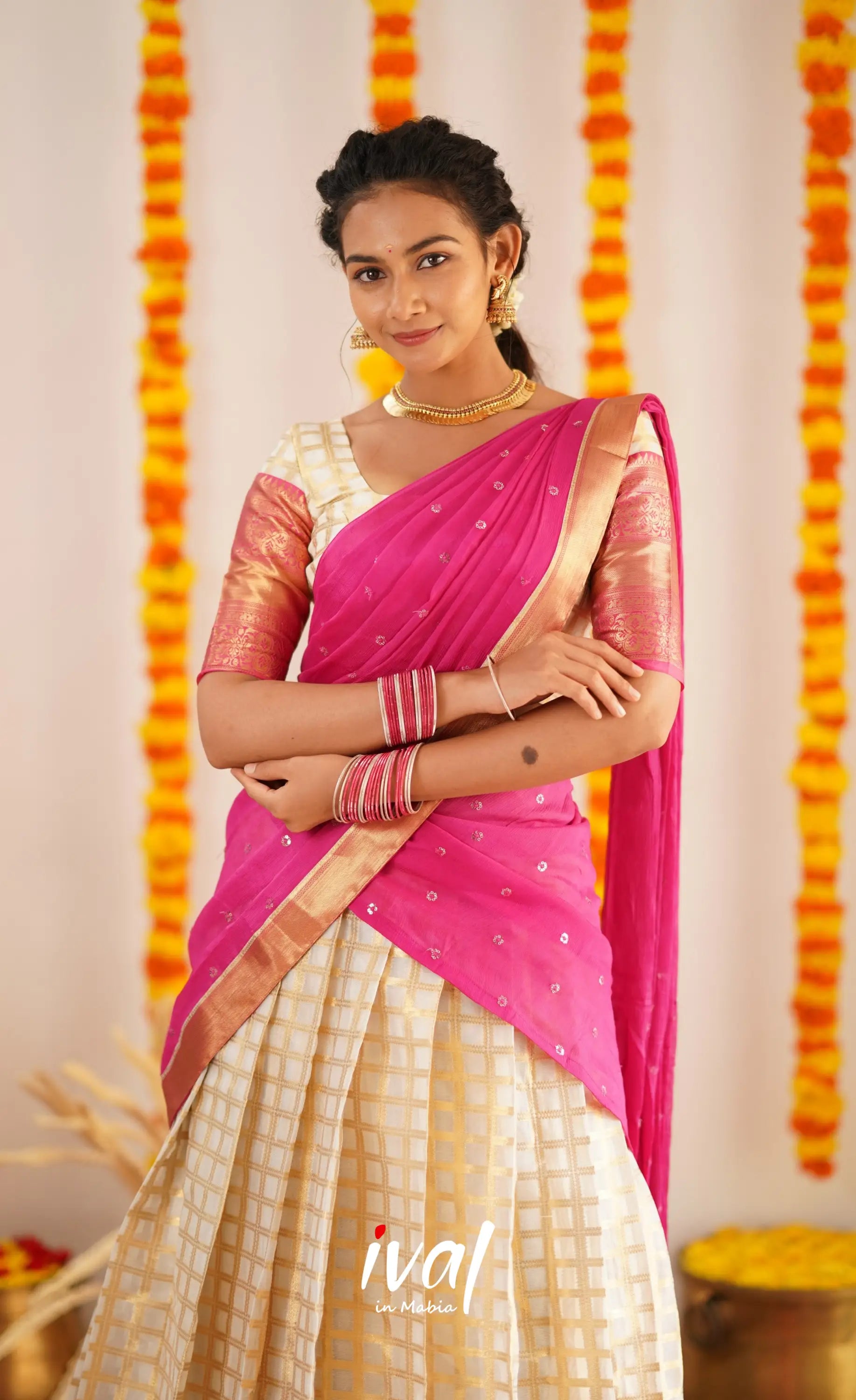 Izhaiyini Organza Halfsaree - Offwhite And Pink Half Sarees