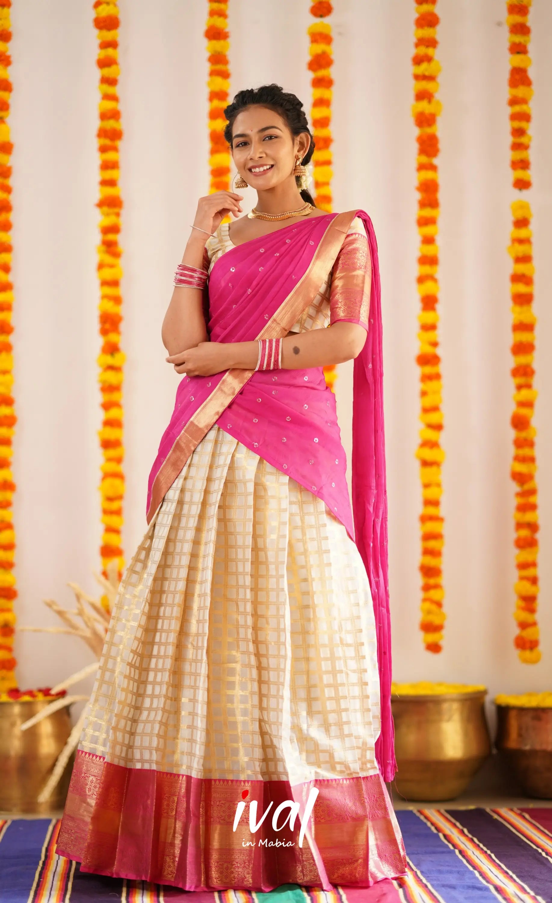 Izhaiyini Organza Halfsaree - Offwhite And Pink Half Sarees