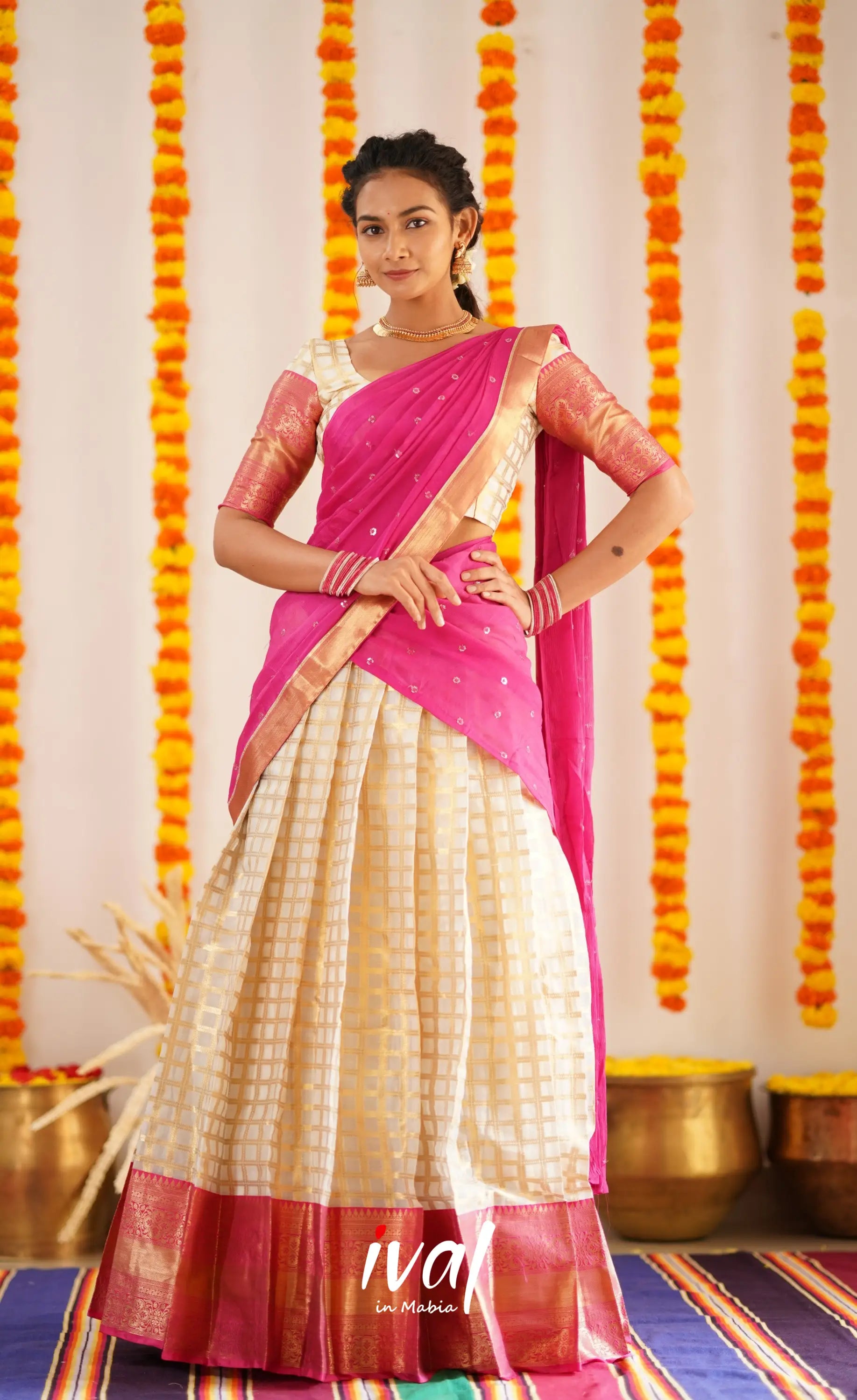 Izhaiyini Organza Halfsaree - Offwhite And Pink Half Sarees