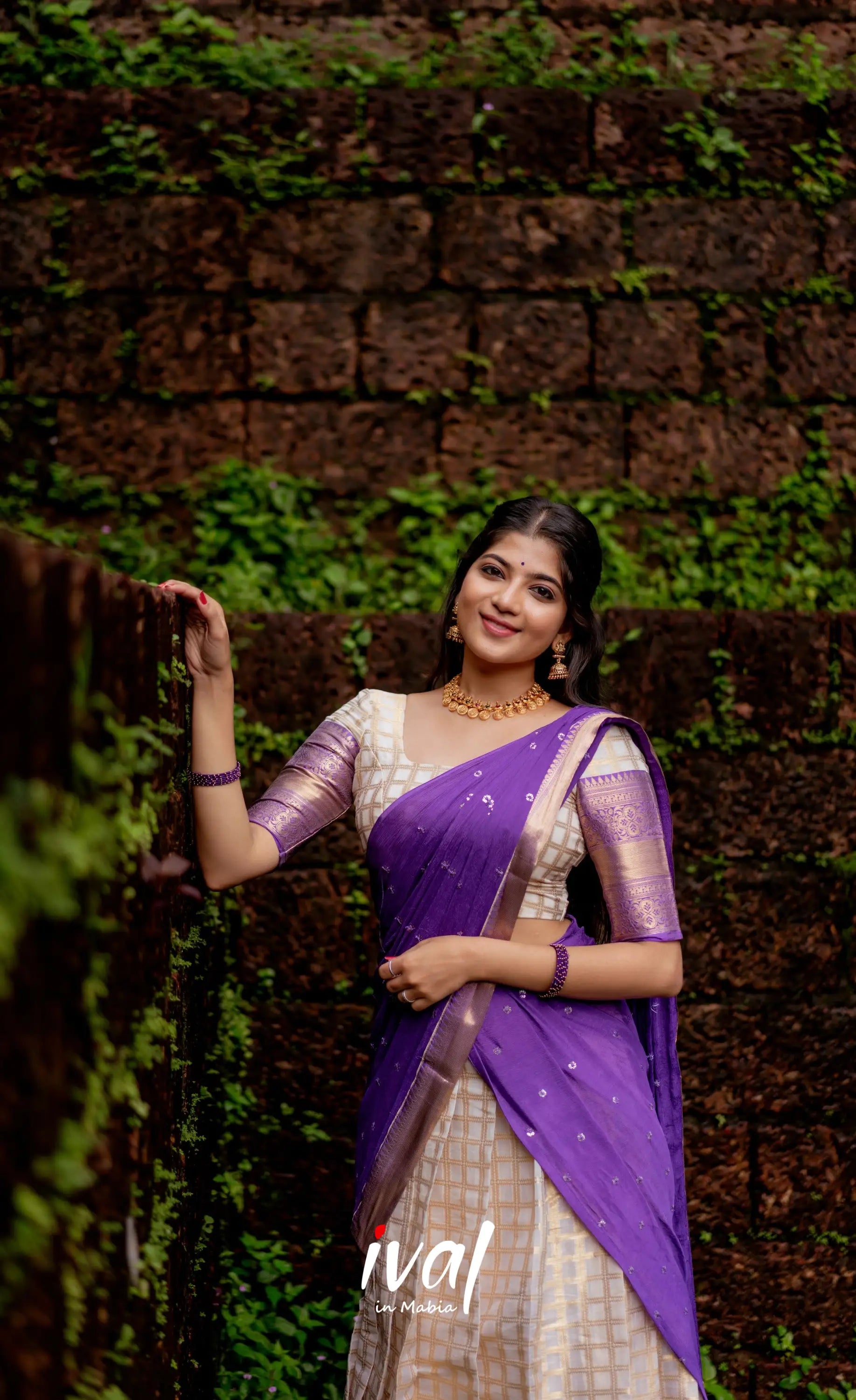 Izhaiyini Organza Halfsaree - Offwhite And Purple Half Sarees