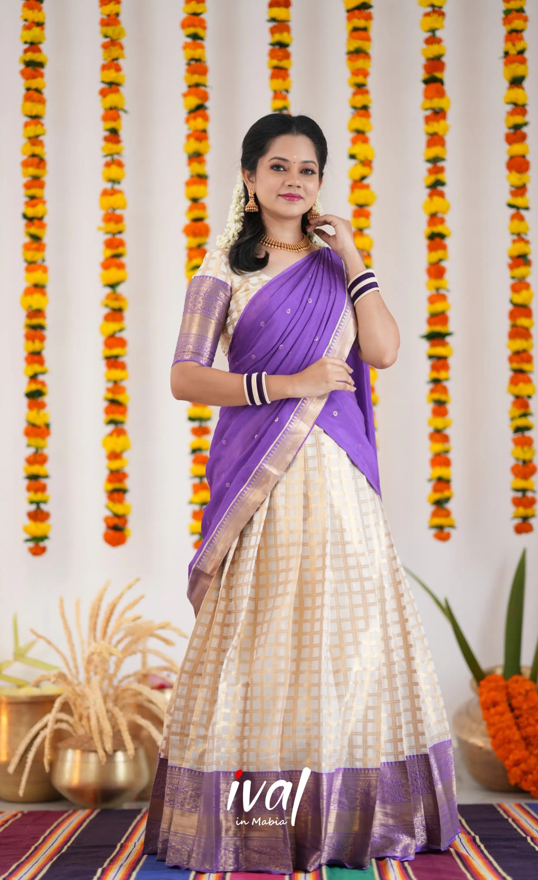 Izhaiyini Organza Halfsaree - Offwhite And Purple Half Sarees