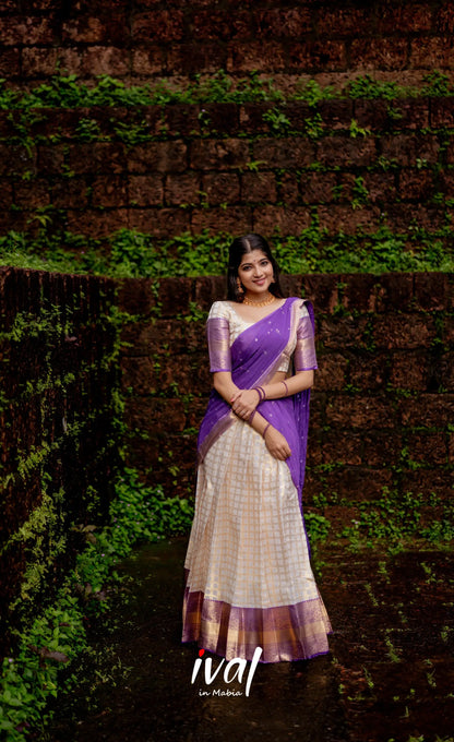 Izhaiyini Organza Halfsaree - Offwhite And Purple Half Sarees