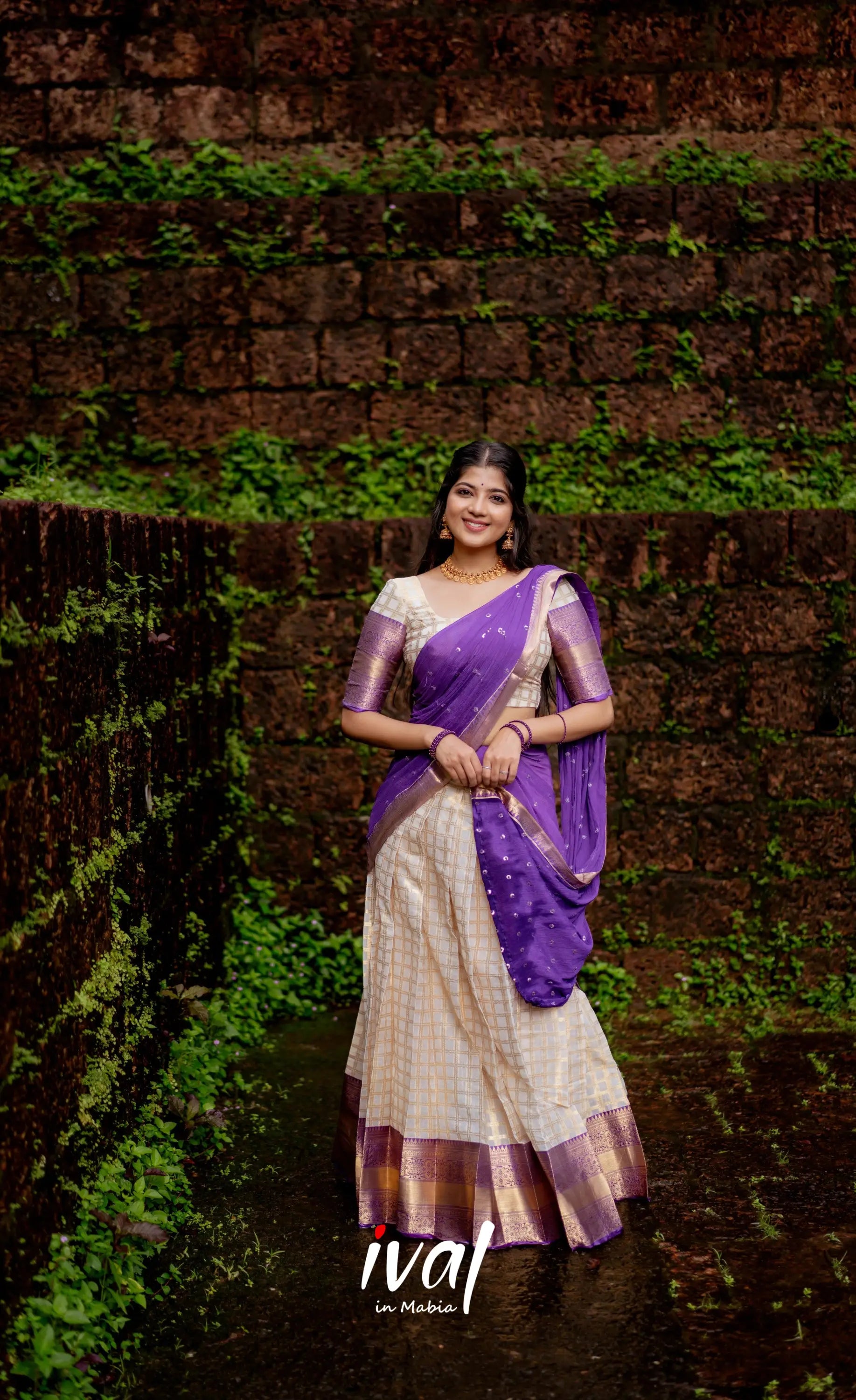 Izhaiyini Organza Halfsaree - Offwhite And Purple Half Sarees