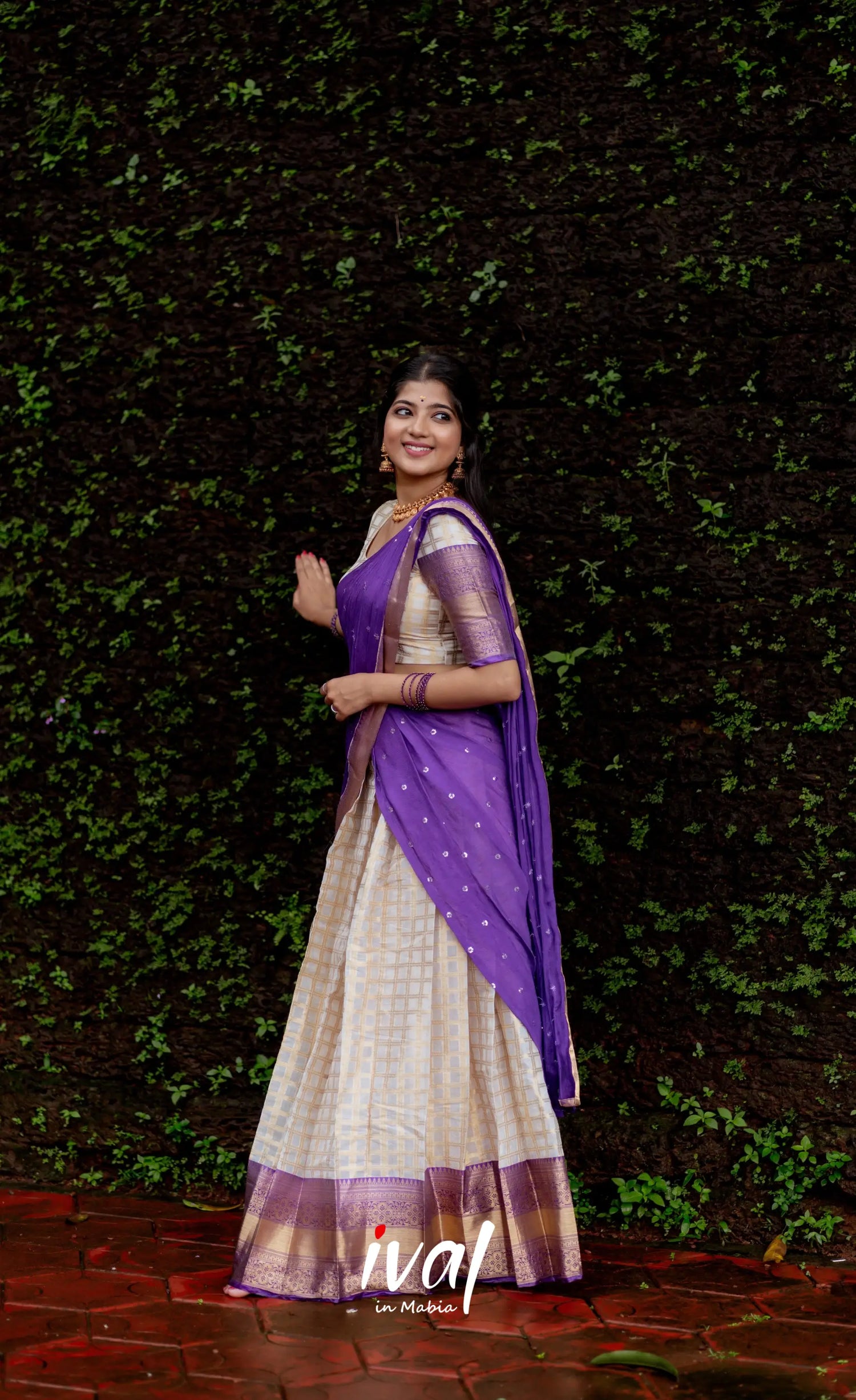 Izhaiyini Organza Halfsaree - Offwhite And Purple Half Sarees