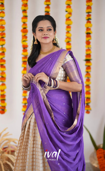 Izhaiyini Organza Halfsaree - Offwhite And Purple Half Sarees