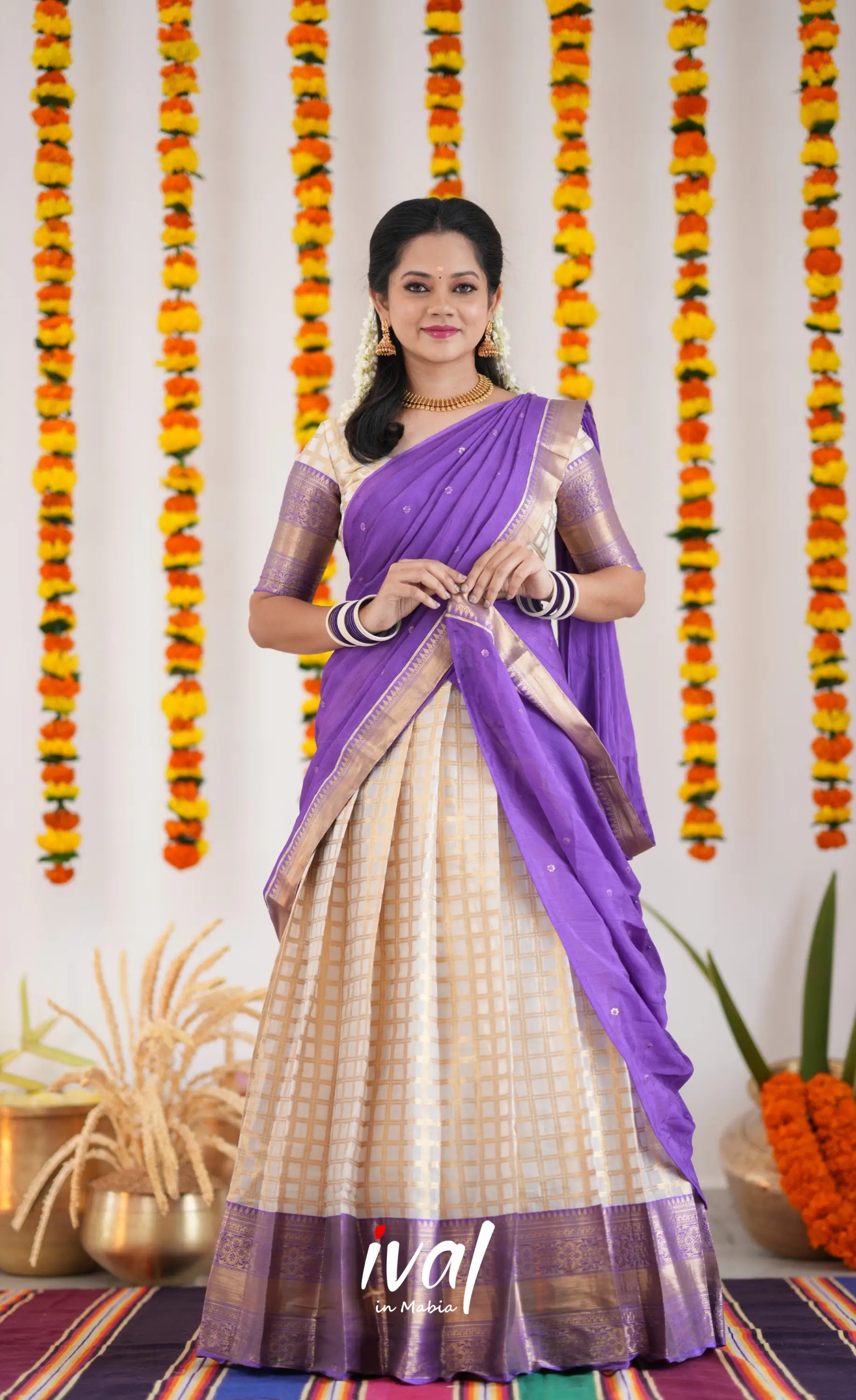 Izhaiyini Organza Halfsaree - Offwhite And Purple Half Sarees