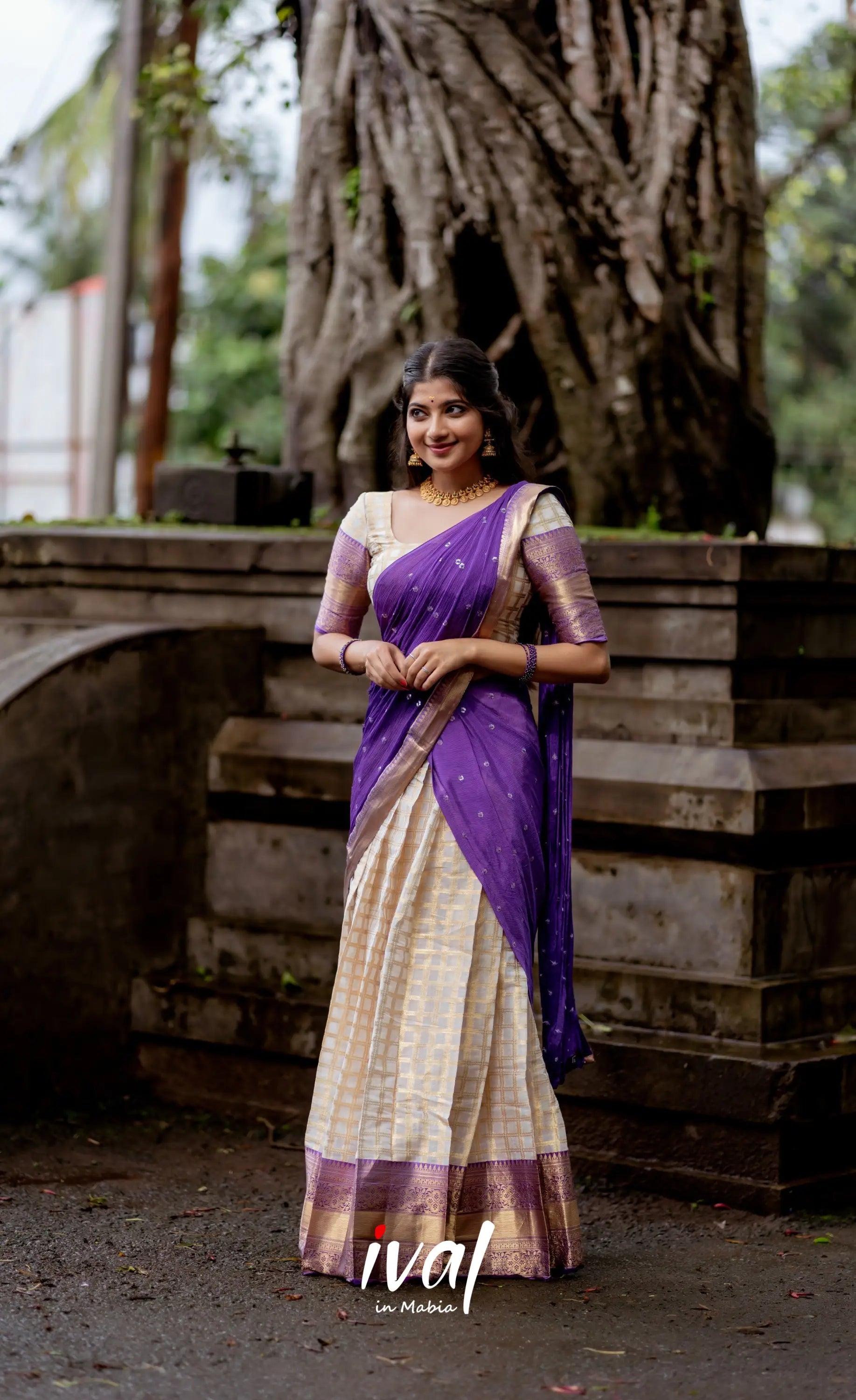 Izhaiyini Organza Halfsaree - Offwhite And Purple Half Sarees