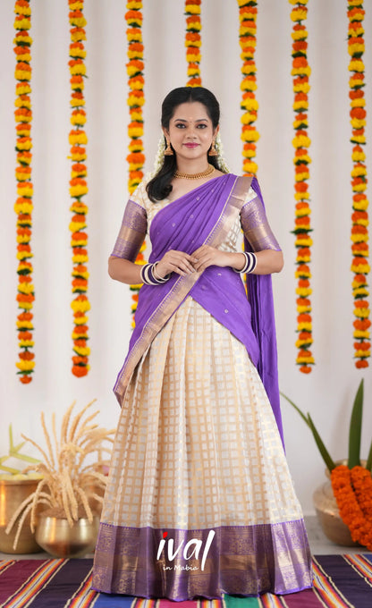 Izhaiyini Organza Halfsaree - Offwhite And Purple Half Sarees