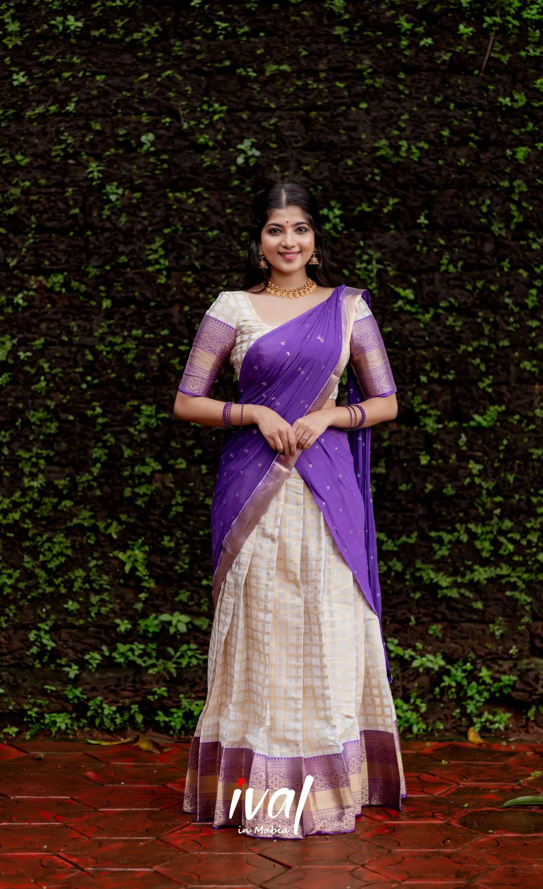 Izhaiyini Organza Halfsaree - Offwhite And Purple Half Sarees