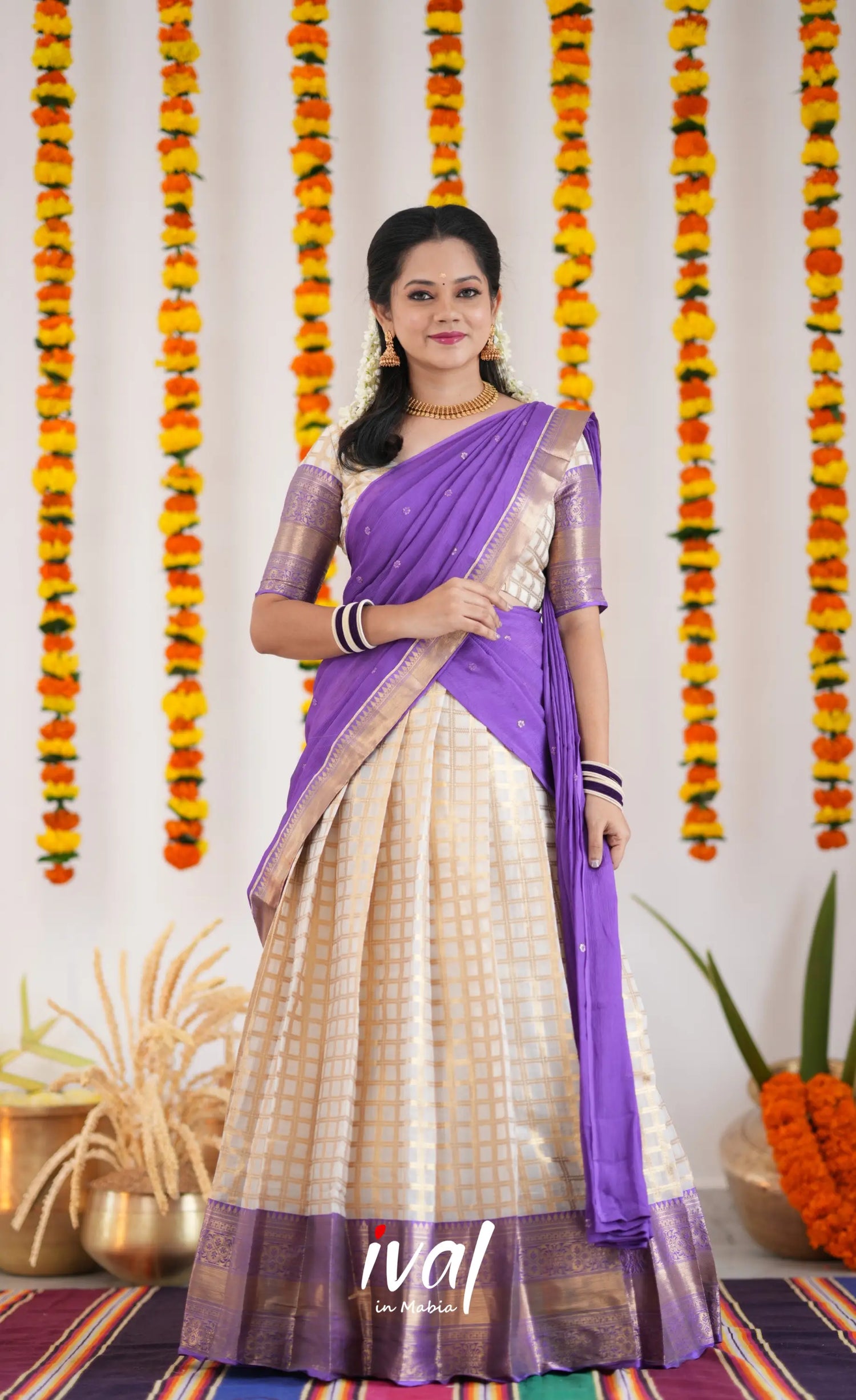 Izhaiyini Organza Halfsaree - Offwhite And Purple Half Sarees