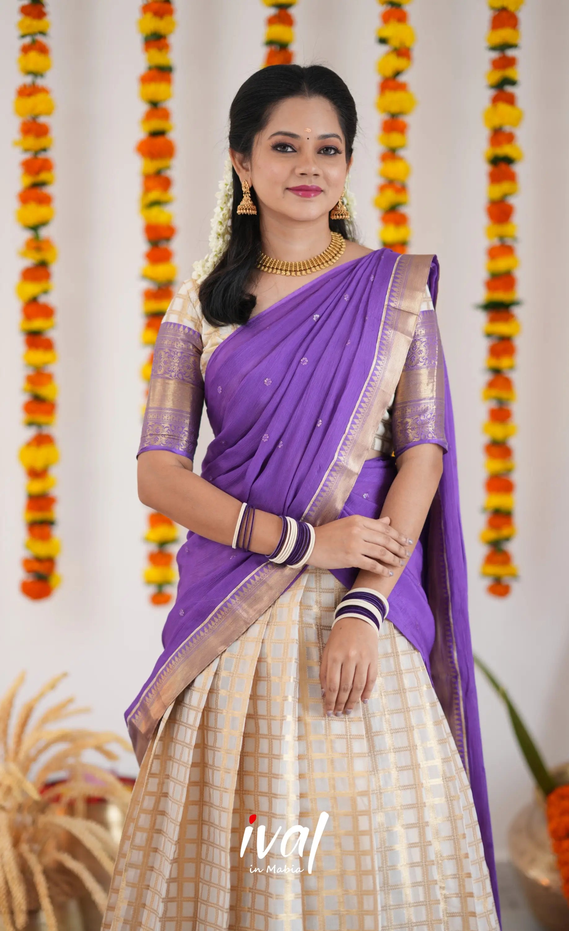 Izhaiyini Organza Halfsaree - Offwhite And Purple Half Sarees