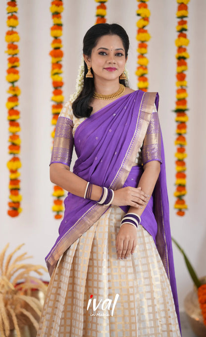 Izhaiyini Organza Halfsaree - Offwhite And Purple Half Sarees