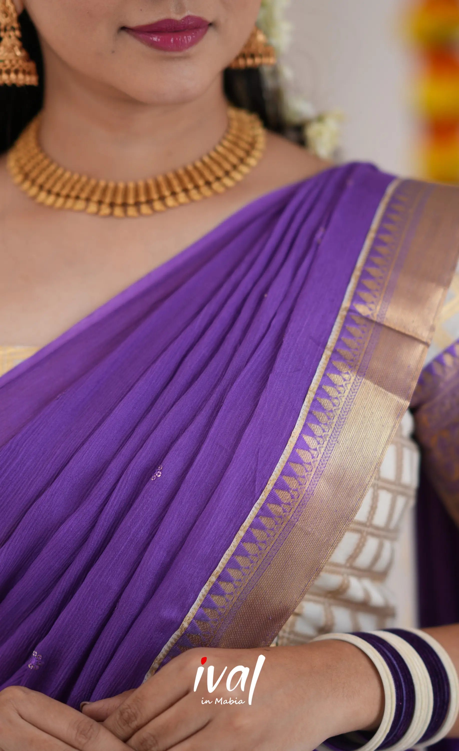 Izhaiyini Organza Halfsaree - Offwhite And Purple Half Sarees