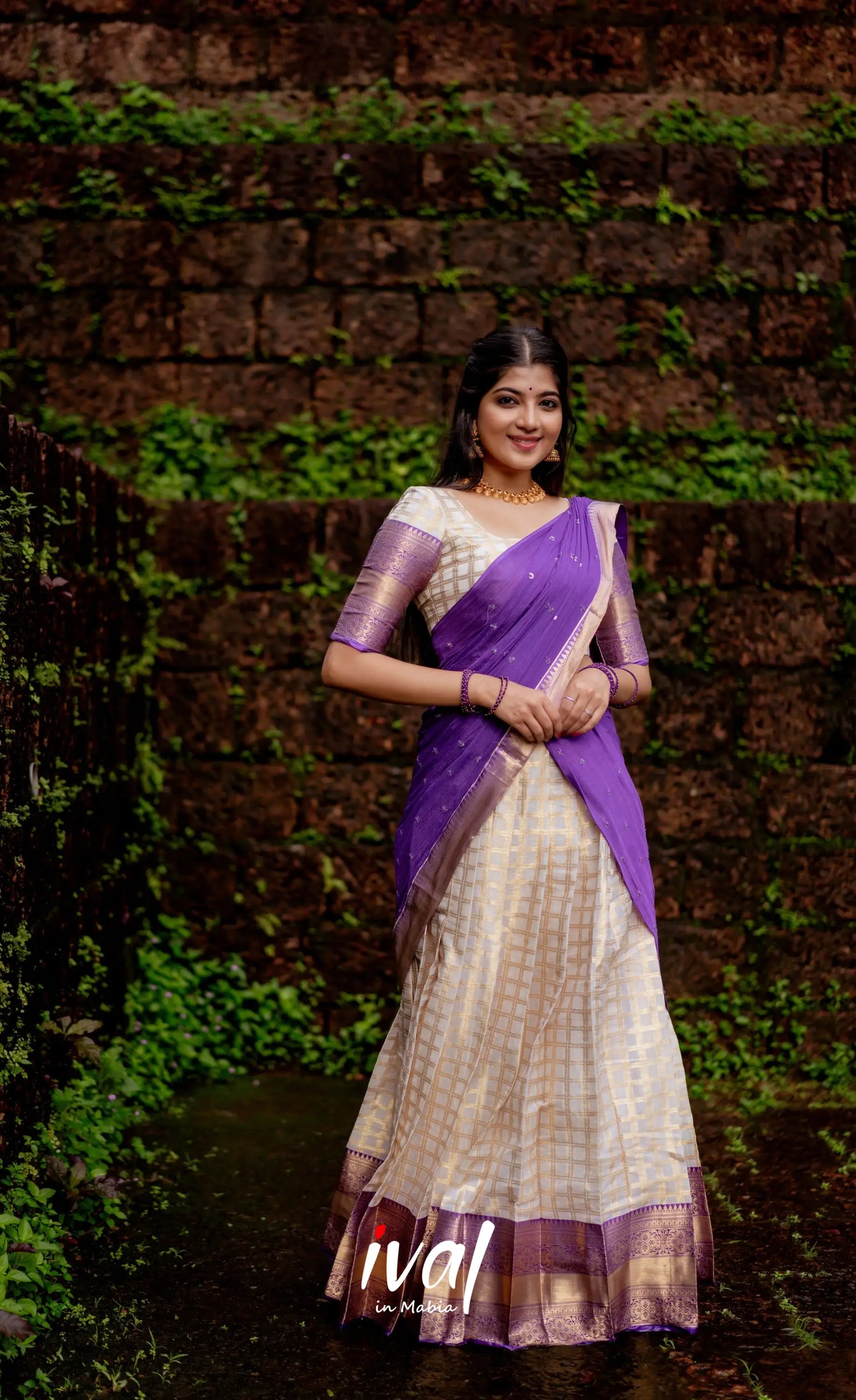 Izhaiyini Organza Halfsaree - Offwhite And Purple Half Sarees