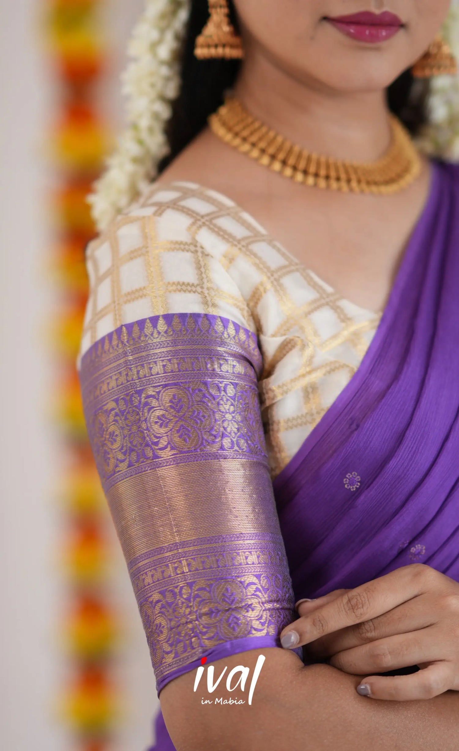 Izhaiyini Organza Halfsaree - Offwhite And Purple Half Sarees