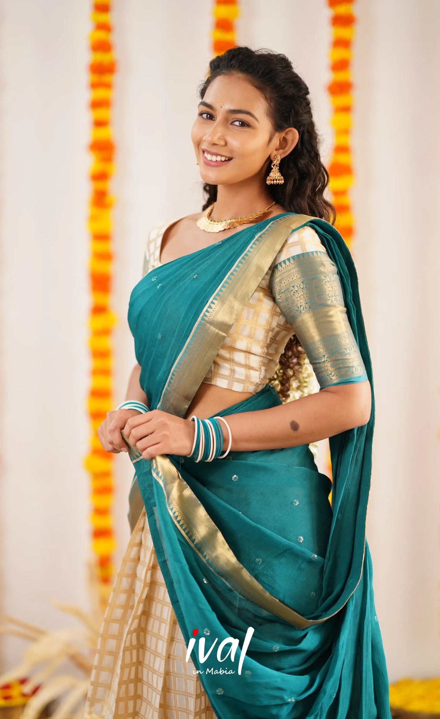 Izhaiyini Organza Halfsaree - Offwhite And Teal Half Sarees