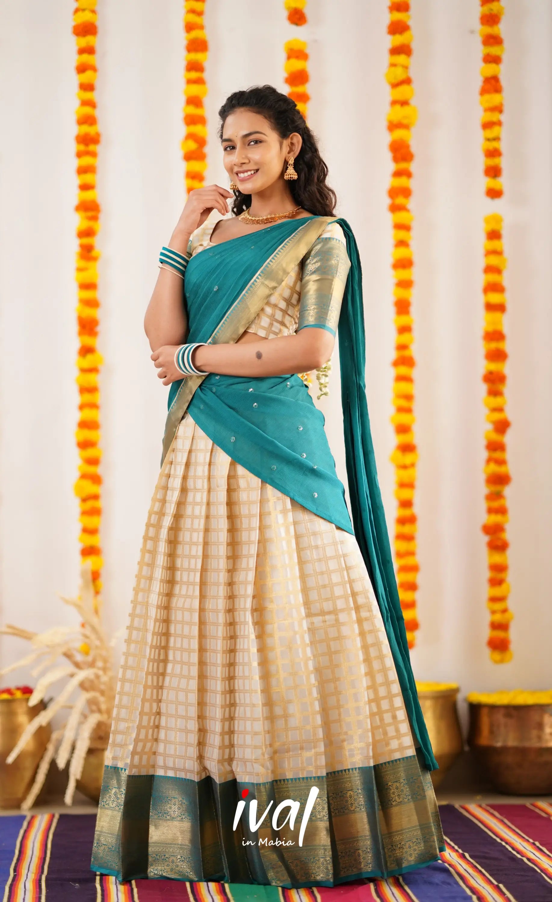 Izhaiyini Organza Halfsaree - Offwhite And Teal Half Sarees