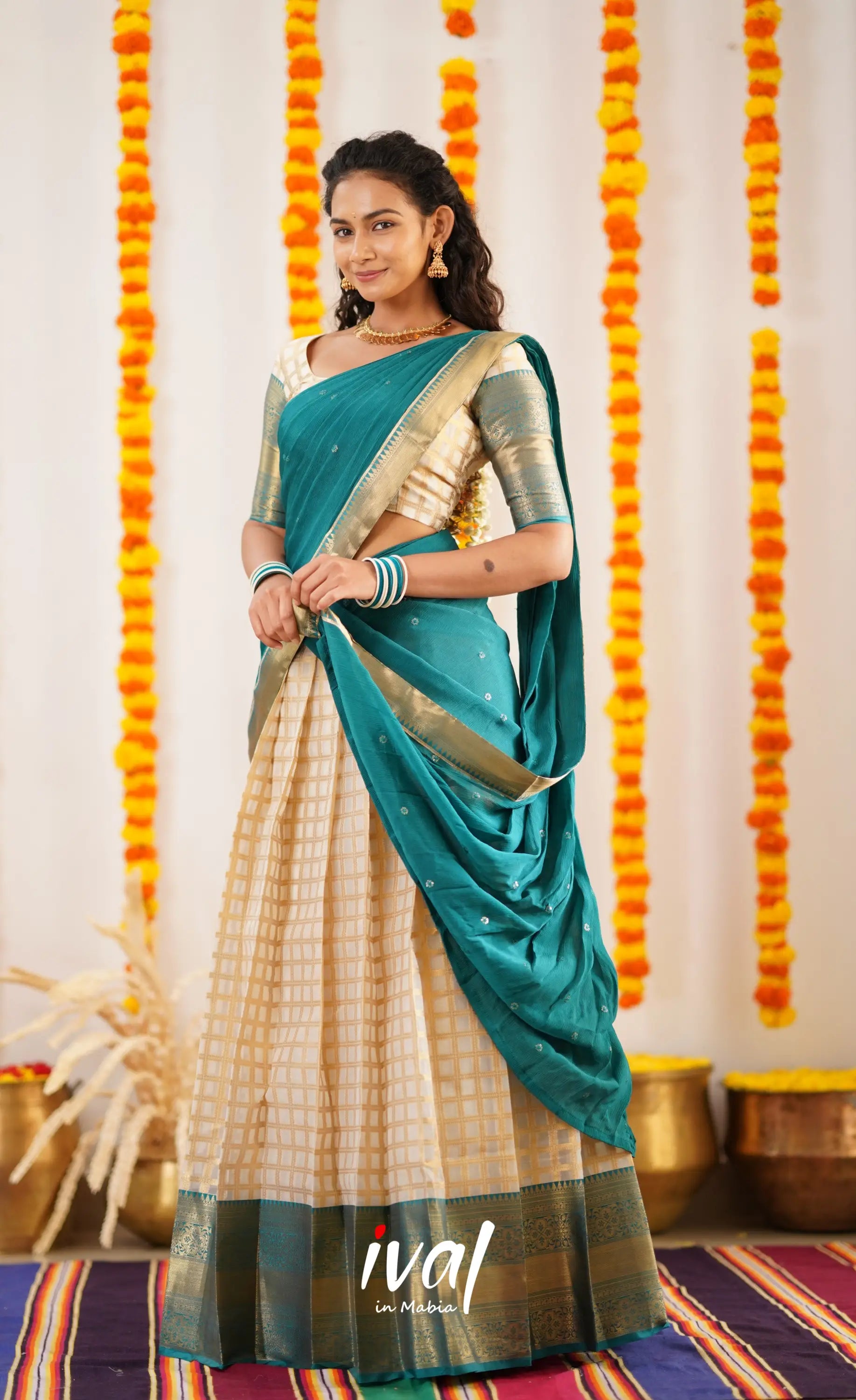 Izhaiyini Organza Halfsaree - Offwhite And Teal Half Sarees