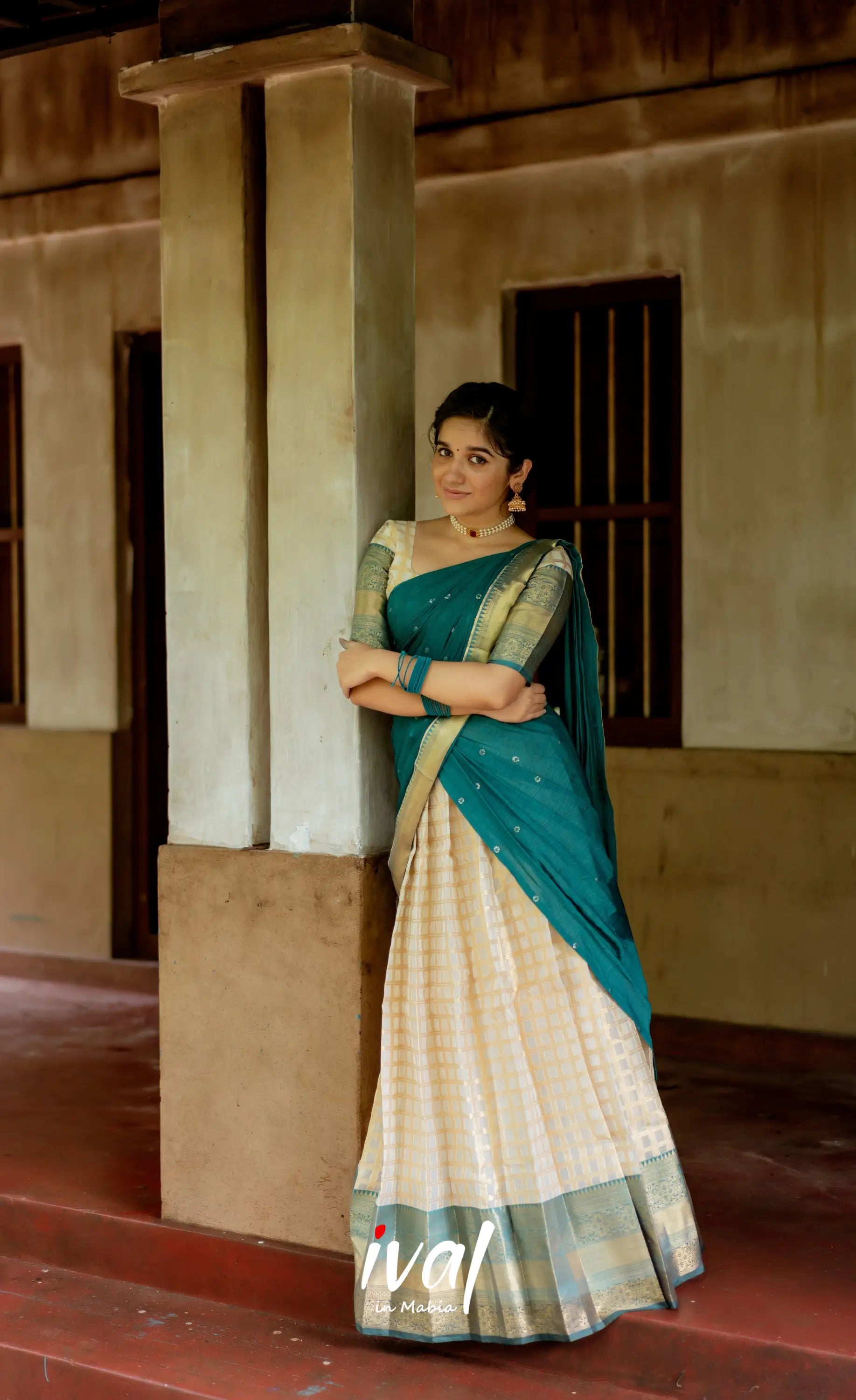 Izhaiyini Organza Halfsaree - Offwhite And Teal Half Sarees