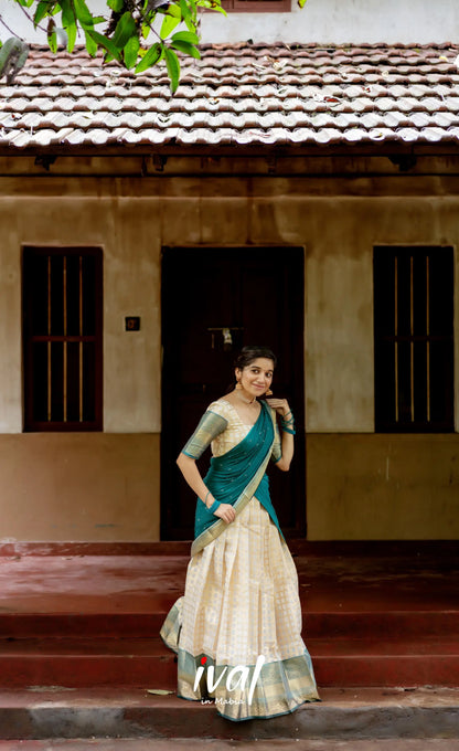 Izhaiyini Organza Halfsaree - Offwhite And Teal Half Sarees