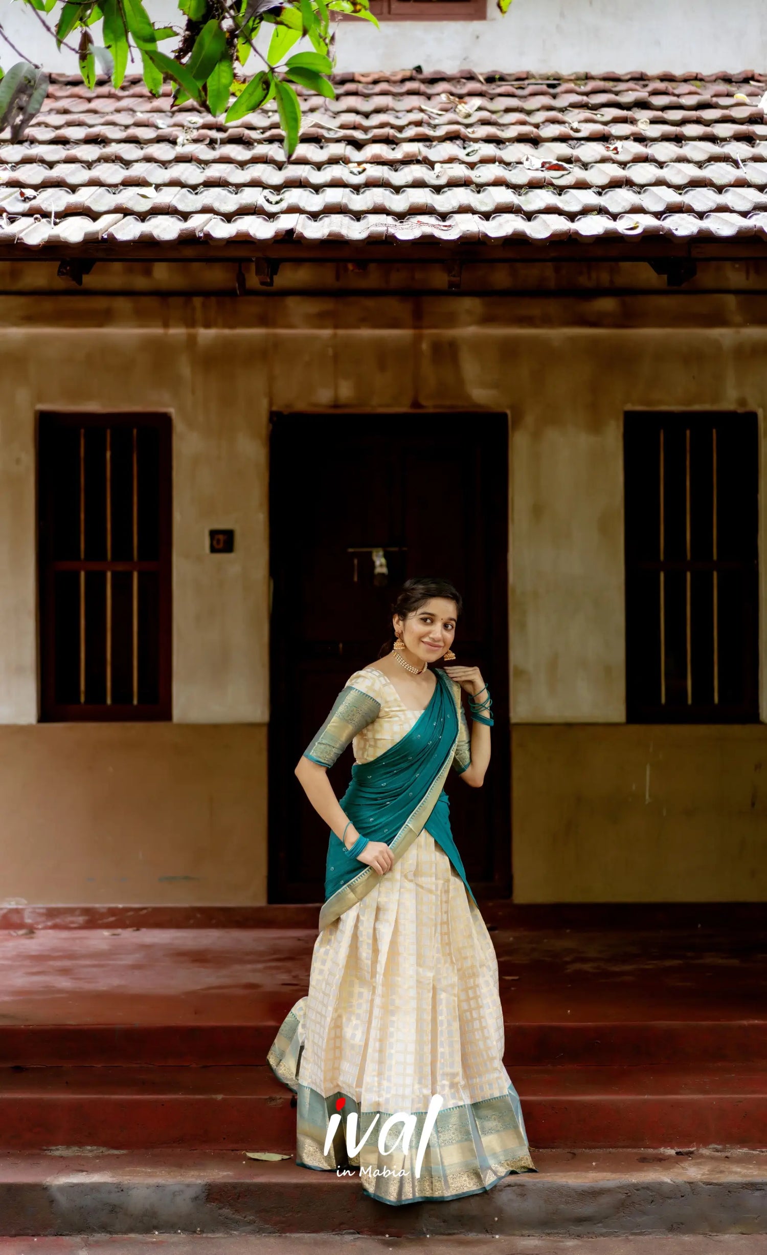 Izhaiyini Organza Halfsaree - Offwhite And Teal Half Sarees