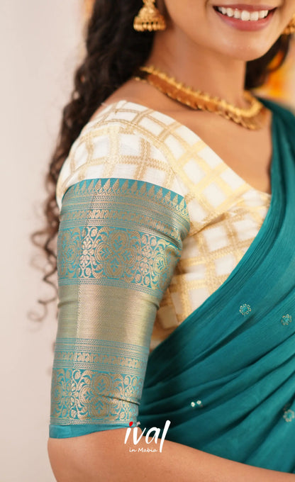 Izhaiyini Organza Halfsaree - Offwhite And Teal Half Sarees