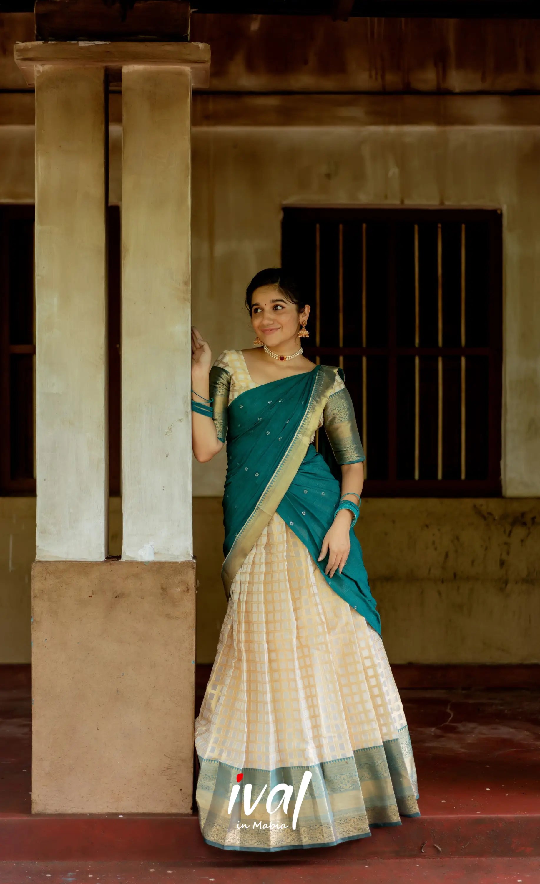 Izhaiyini Organza Halfsaree - Offwhite And Teal Half Sarees