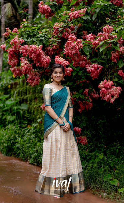 Izhaiyini Organza Halfsaree - Offwhite And Teal Half Sarees