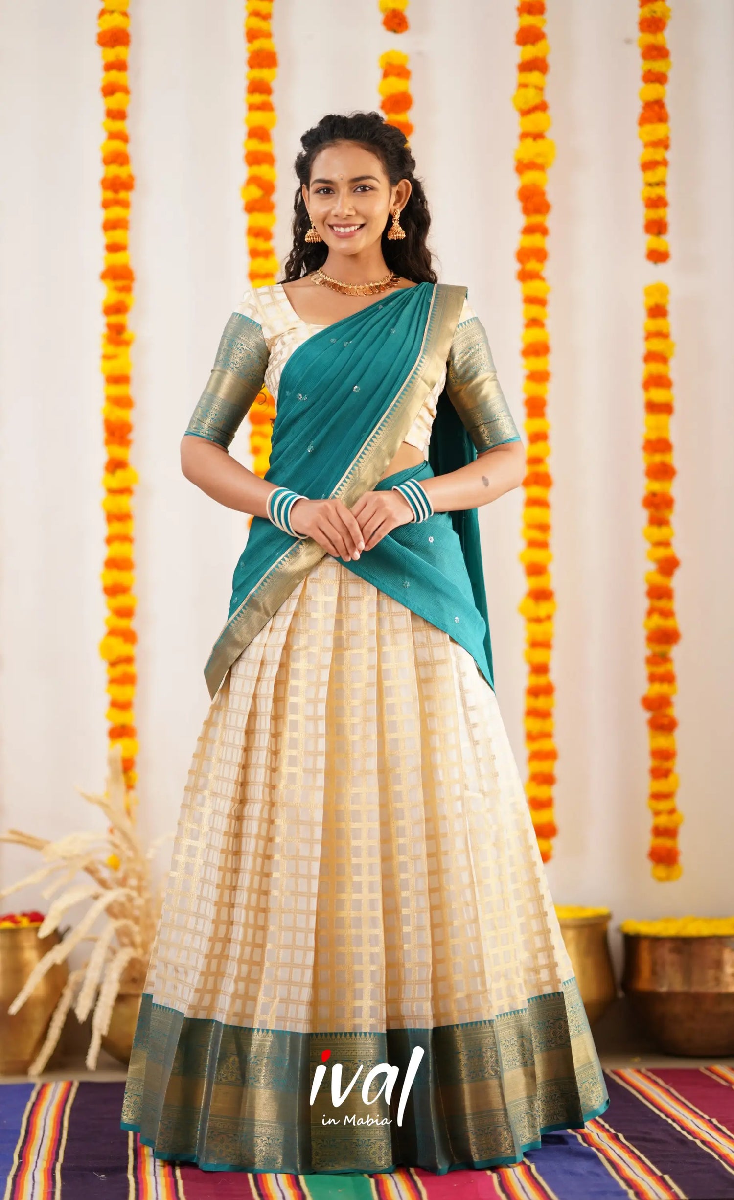 Izhaiyini Organza Halfsaree - Offwhite And Teal Half Sarees