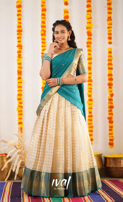 Izhaiyini Organza Halfsaree - Offwhite And Teal Half Sarees