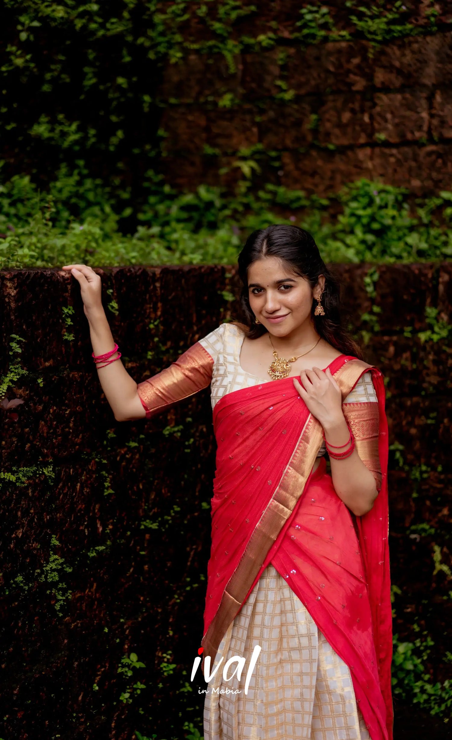 Izhaiyini Organza Halfsaree - Offwhite And Tone Of Red Half Sarees