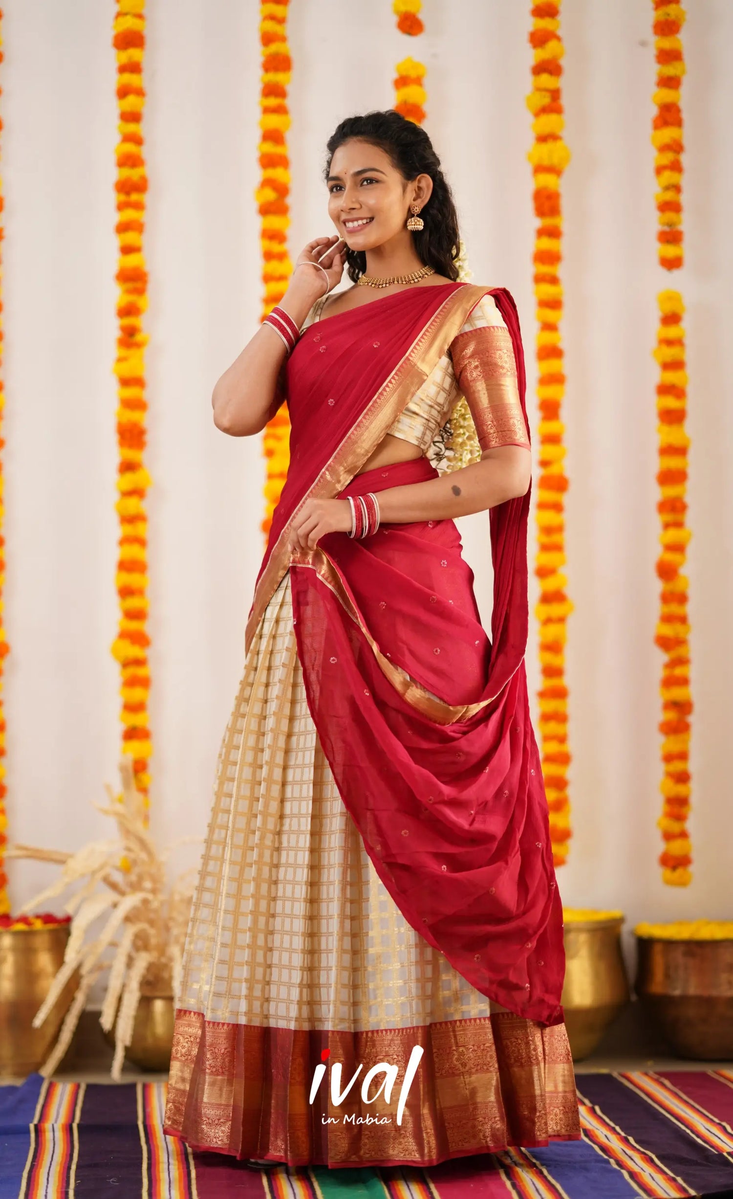 Izhaiyini Organza Halfsaree - Offwhite And Tone Of Red Half Sarees