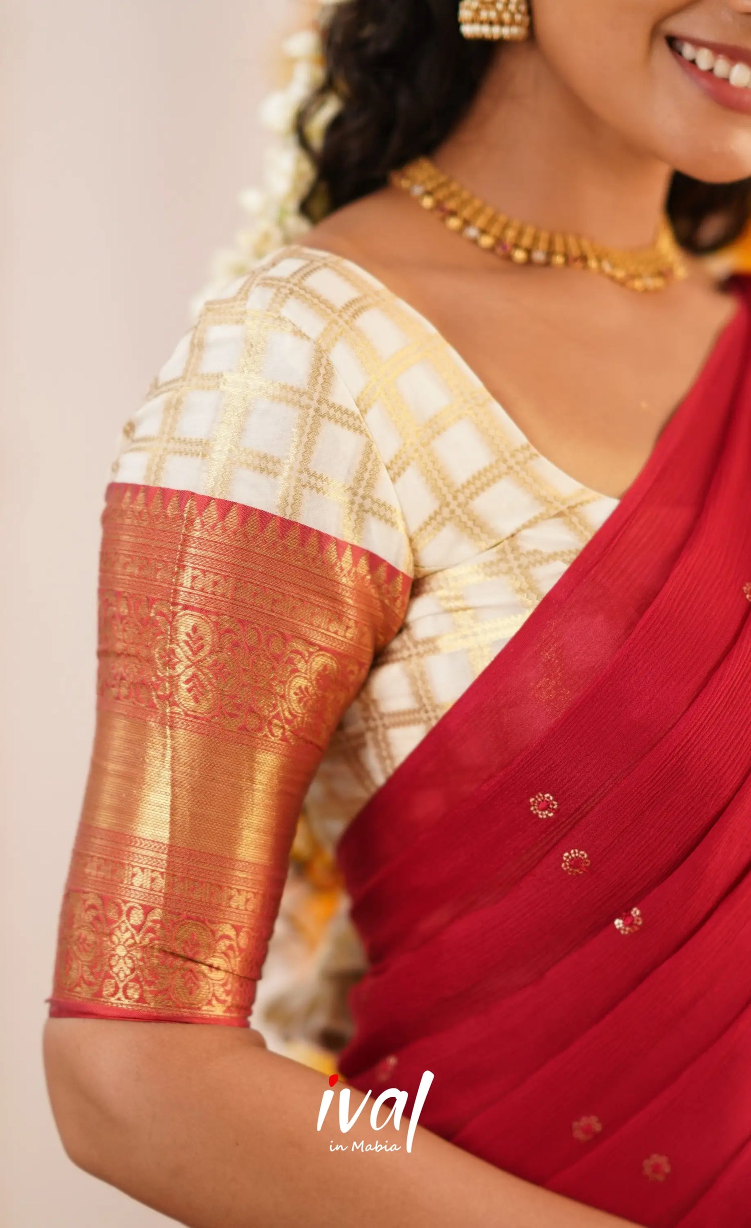 Izhaiyini Organza Halfsaree - Offwhite And Tone Of Red Half Sarees