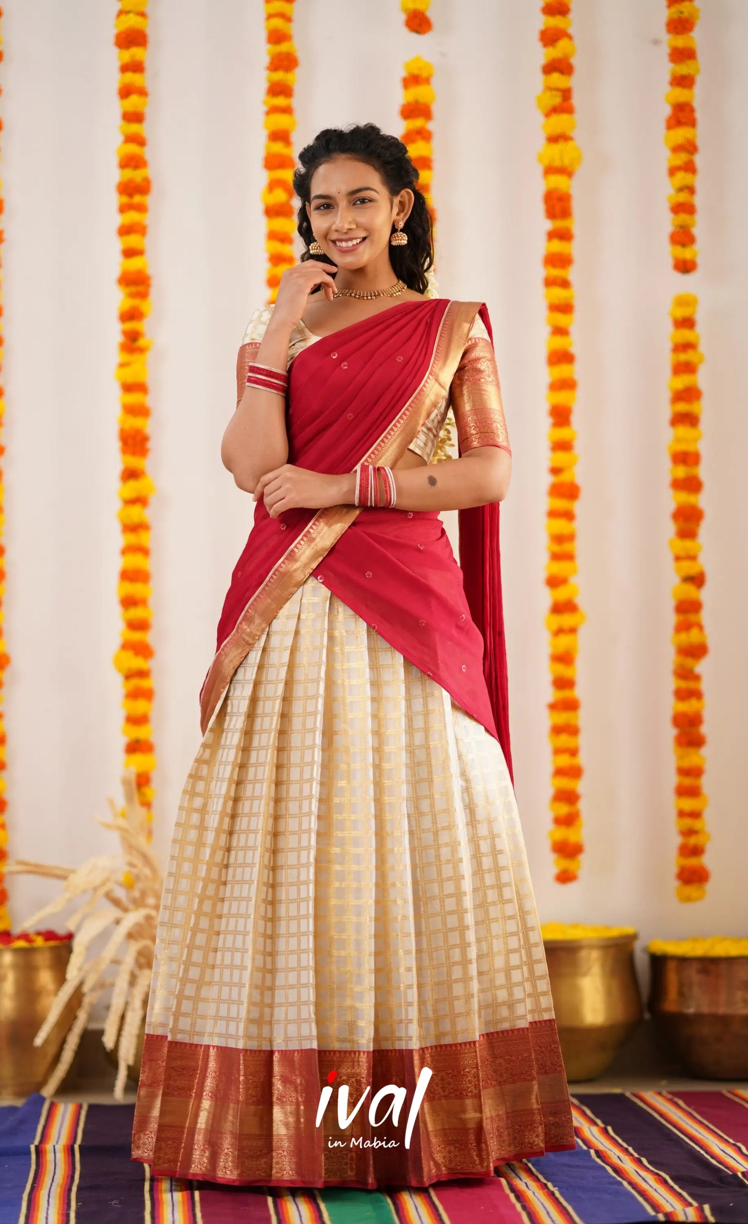 Izhaiyini Organza Halfsaree - Offwhite And Tone Of Red Half Sarees