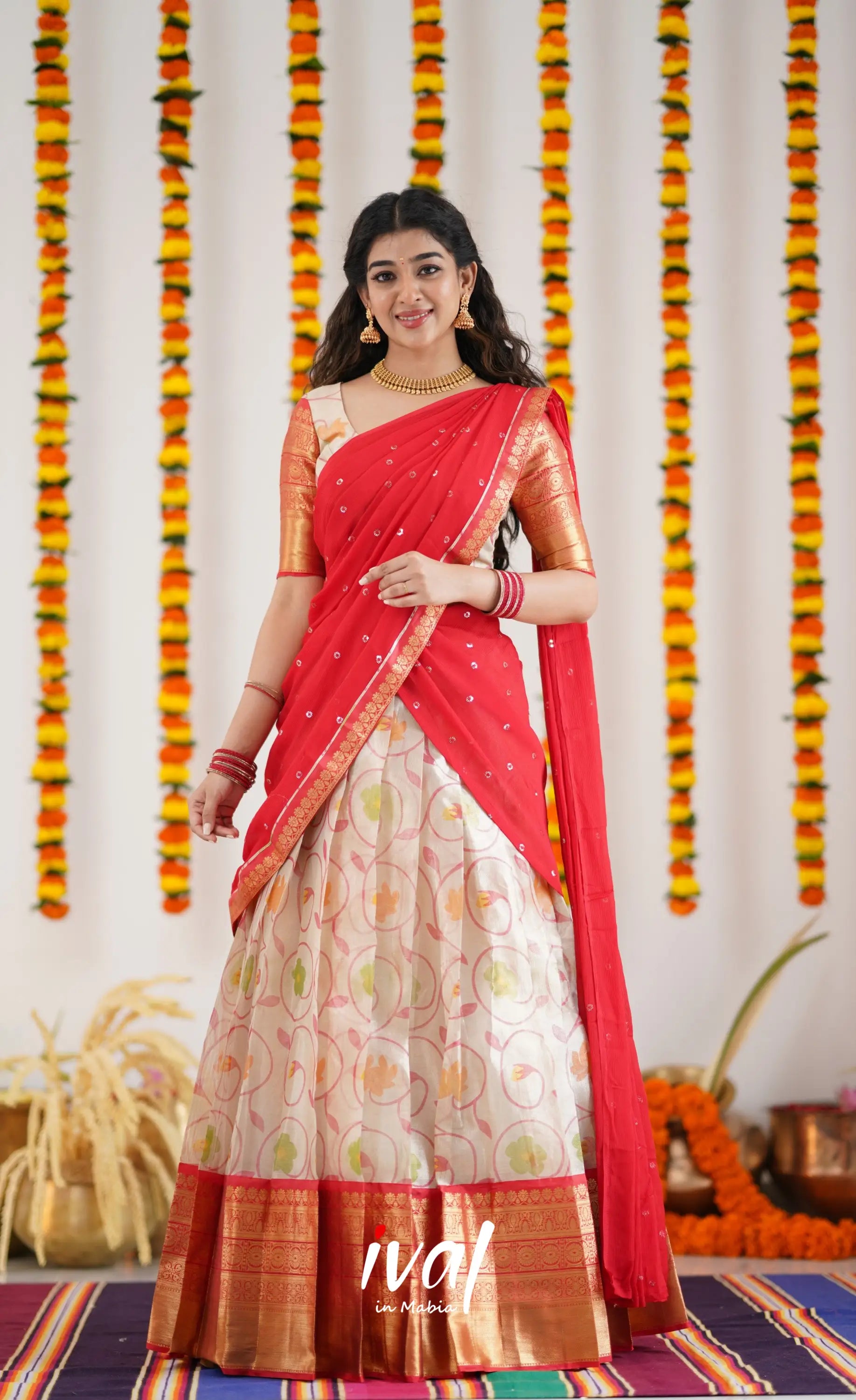 Izhaiyini Organza Halfsaree - Offwhite And Tone Of Red Half Sarees