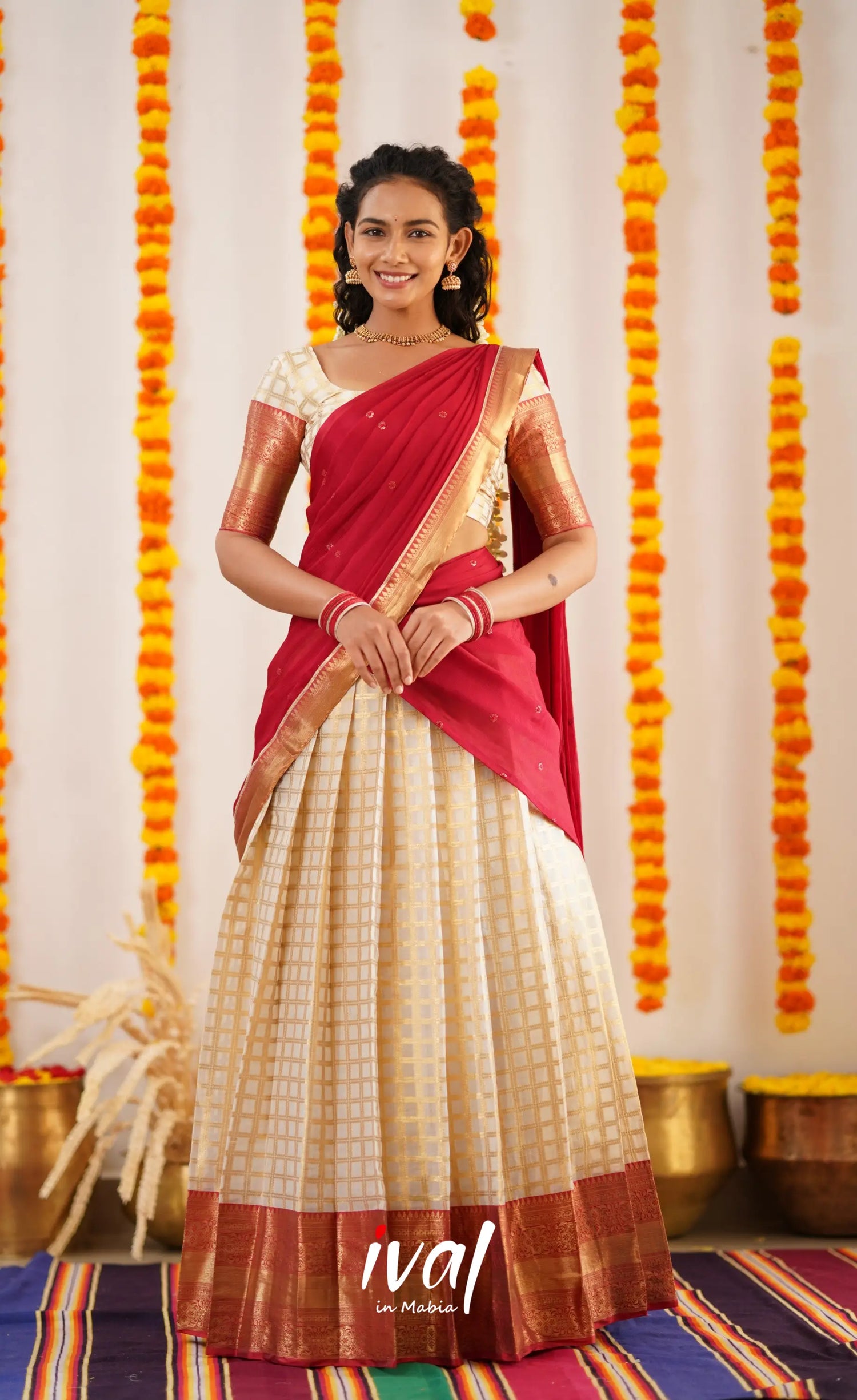 Izhaiyini Organza Halfsaree - Offwhite And Tone Of Red Half Sarees