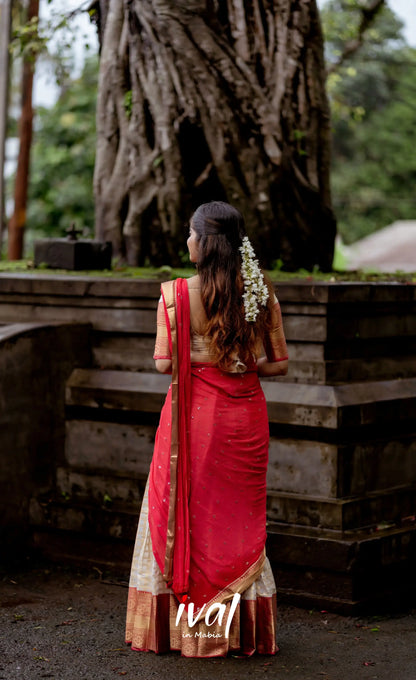 Izhaiyini Organza Halfsaree - Offwhite And Tone Of Red Half Sarees