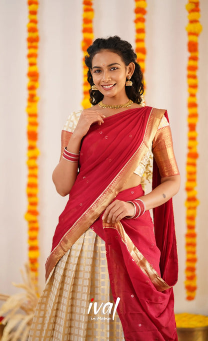 Izhaiyini Organza Halfsaree - Offwhite And Tone Of Red Half Sarees