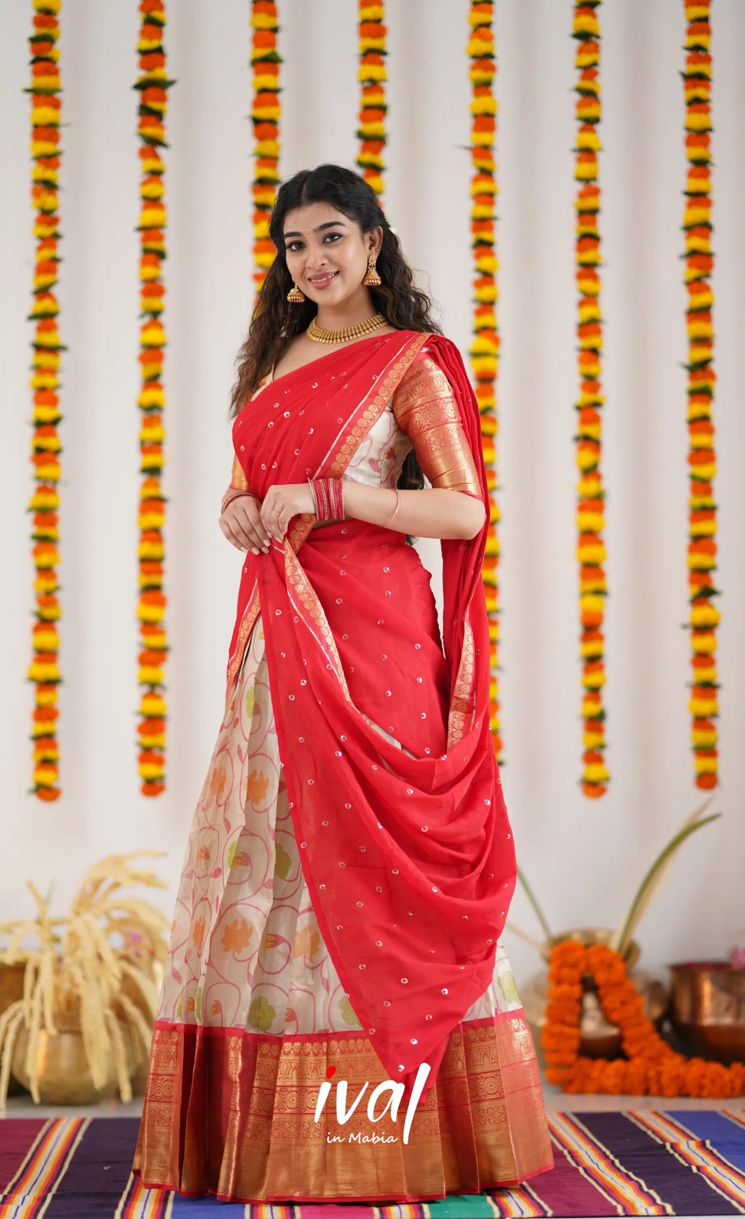 Izhaiyini Organza Halfsaree - Offwhite And Tone Of Red Half Sarees