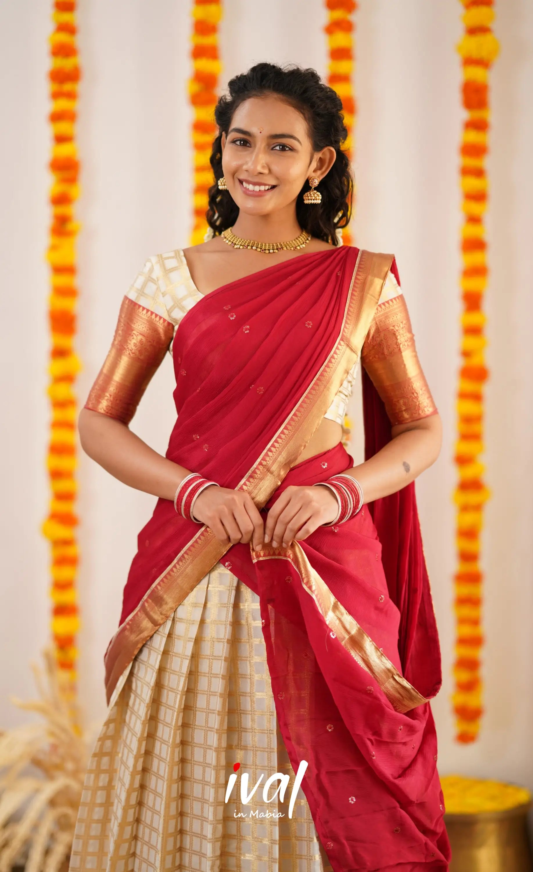 Izhaiyini Organza Halfsaree - Offwhite And Tone Of Red Half Sarees