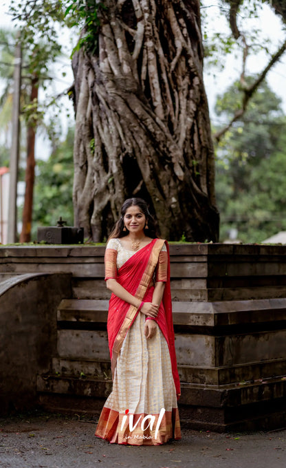 Izhaiyini Organza Halfsaree - Offwhite And Tone Of Red Half Sarees