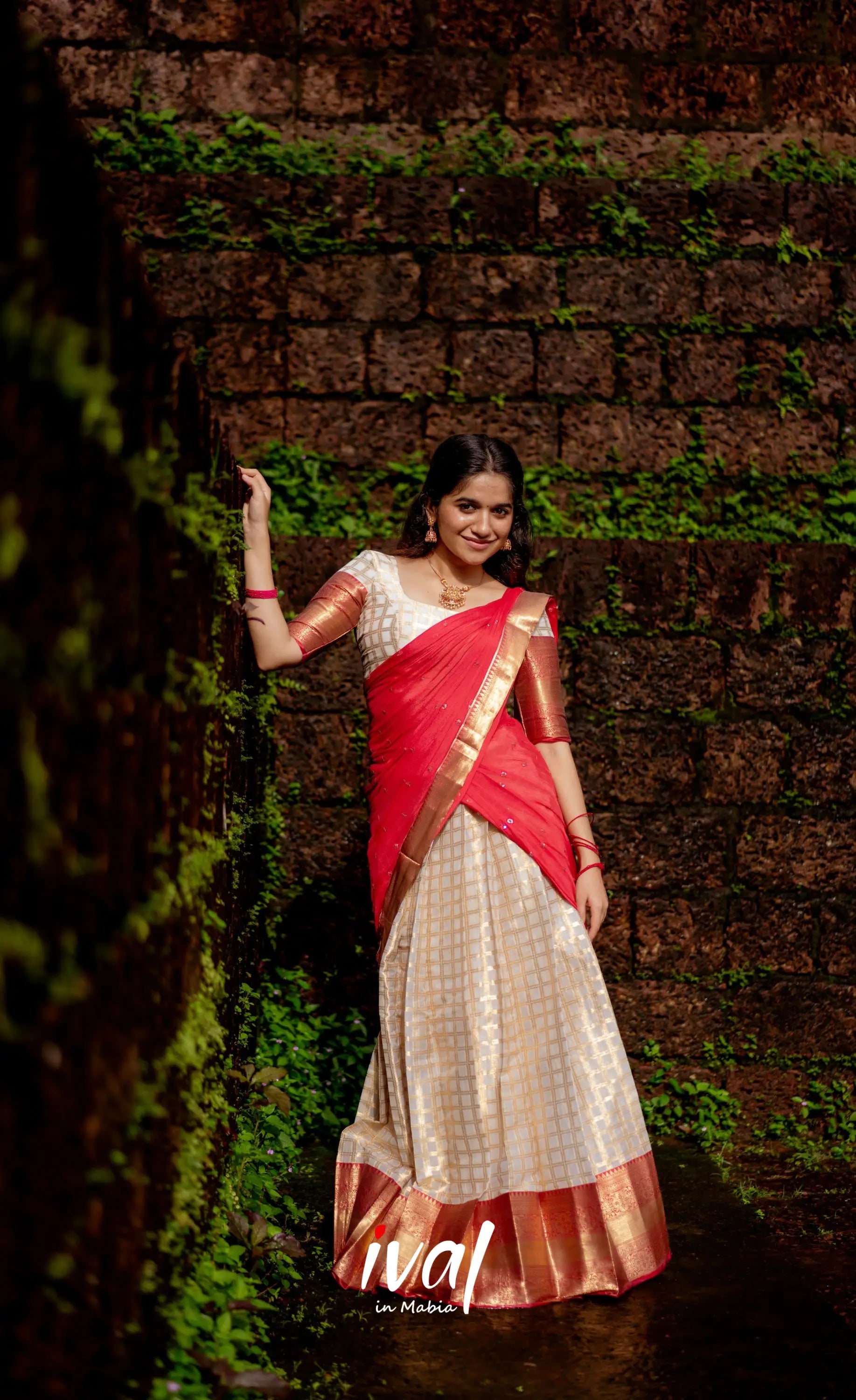 Izhaiyini Organza Halfsaree - Offwhite And Tone Of Red Half Sarees