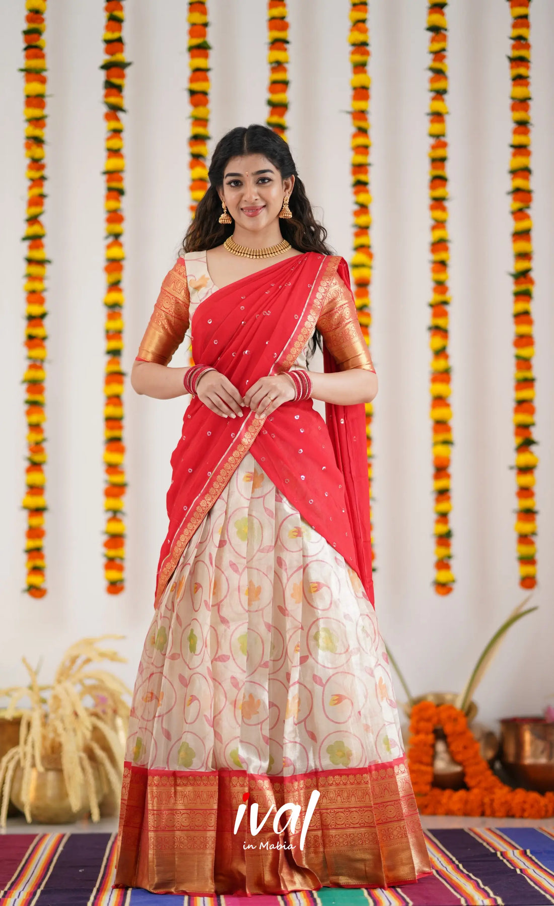 Izhaiyini Organza Halfsaree - Offwhite And Tone Of Red Half Sarees