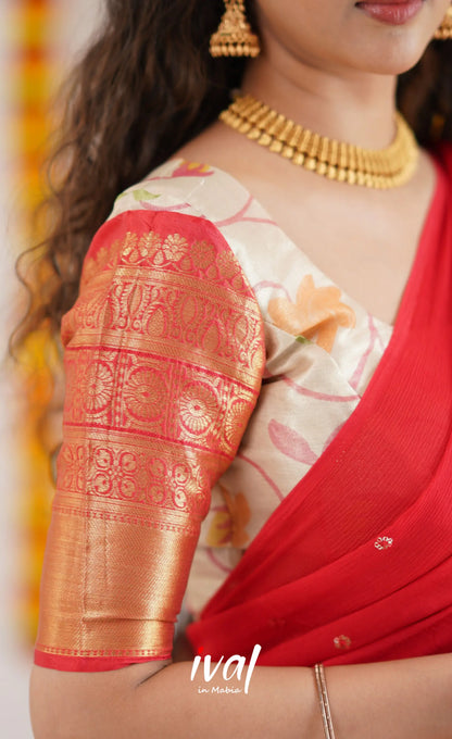 Izhaiyini Organza Halfsaree - Offwhite And Tone Of Red Half Sarees