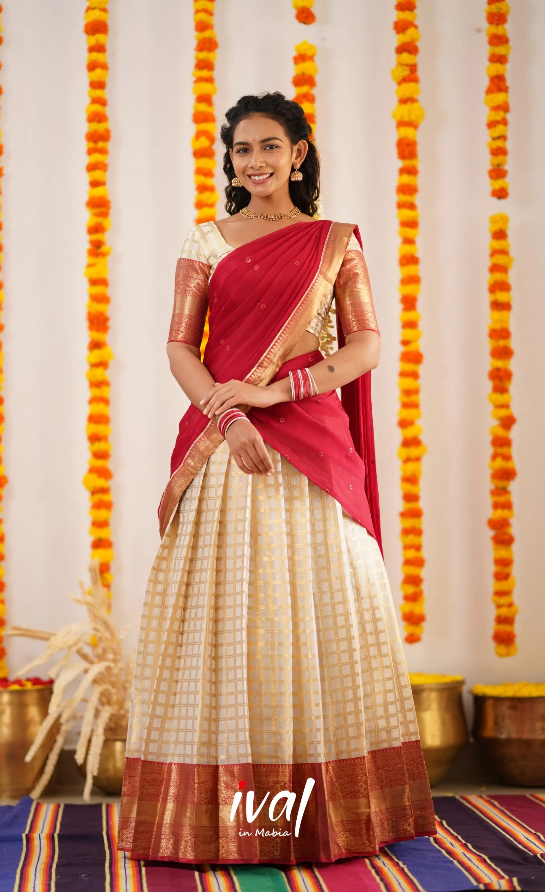 Izhaiyini Organza Halfsaree - Offwhite And Tone Of Red Half Sarees