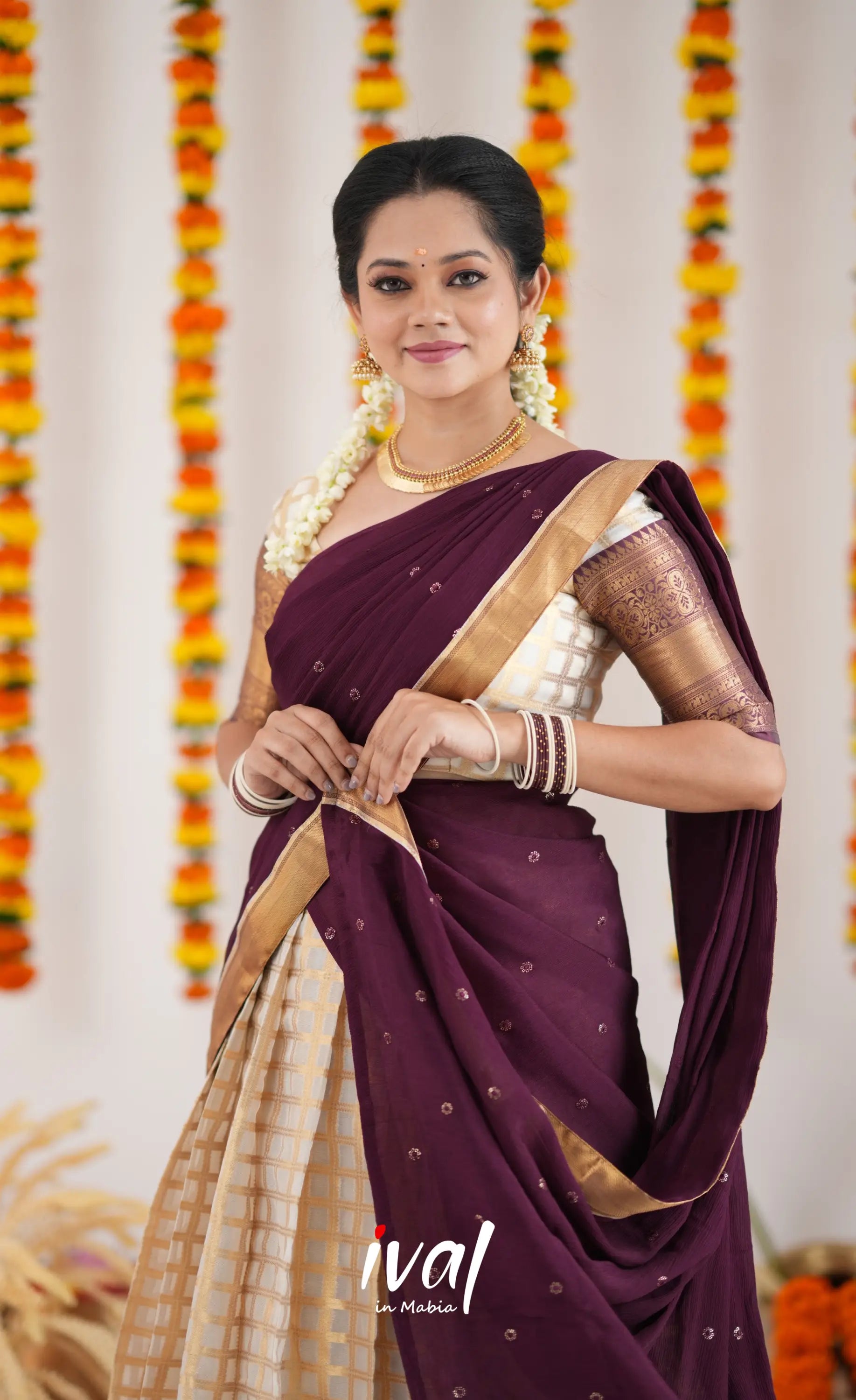 Izhaiyini Organza Halfsaree - Offwhite And Tone Of Wind Maroon Half Sarees