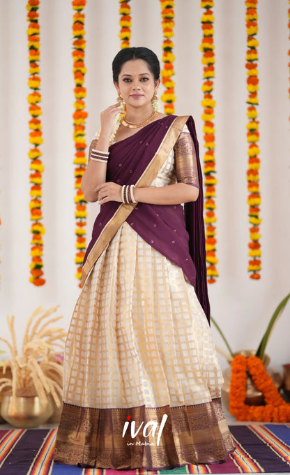 Izhaiyini Organza Halfsaree - Offwhite And Tone Of Wind Maroon Half Sarees