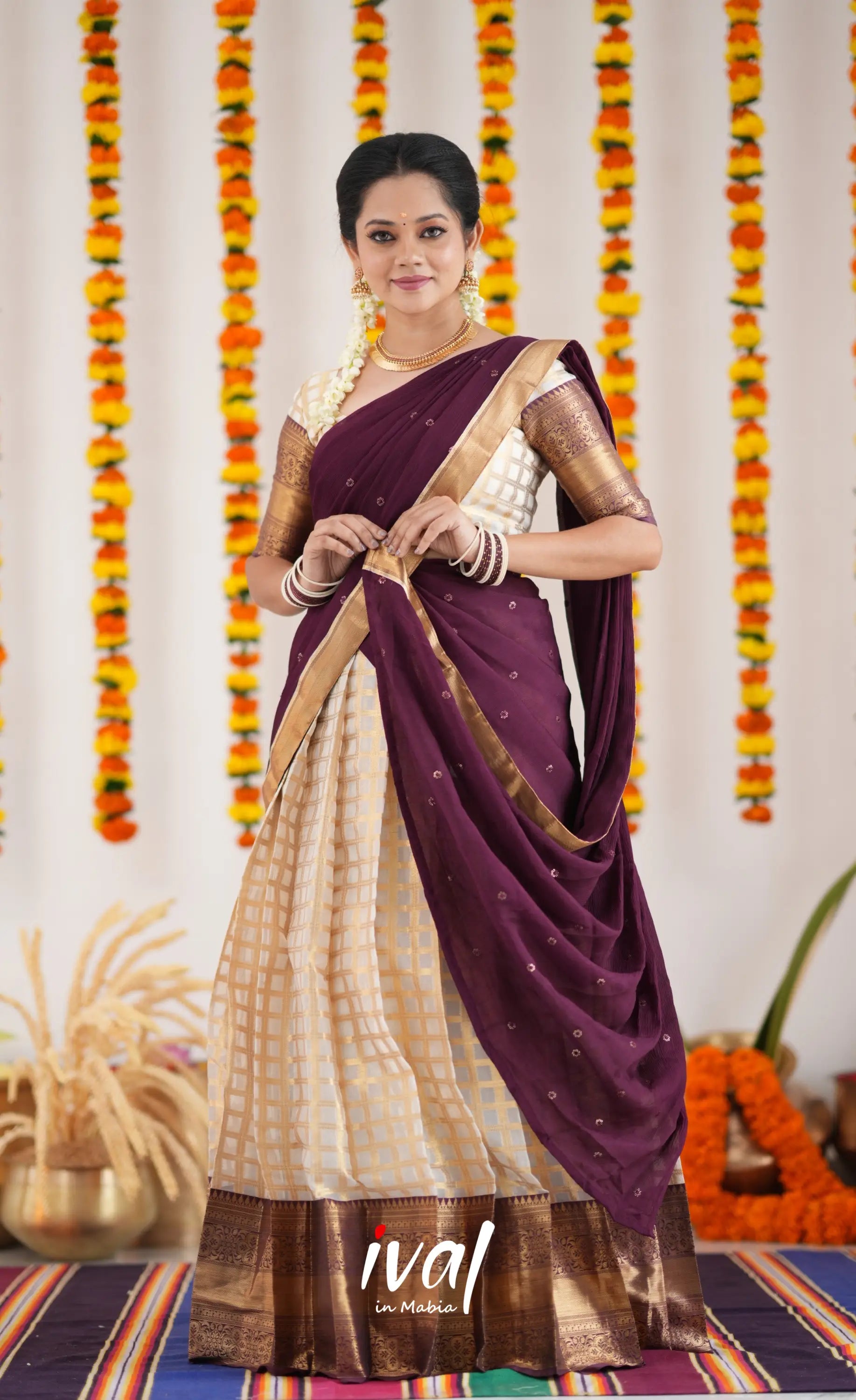 Izhaiyini Organza Halfsaree - Offwhite And Tone Of Wind Maroon Half Sarees