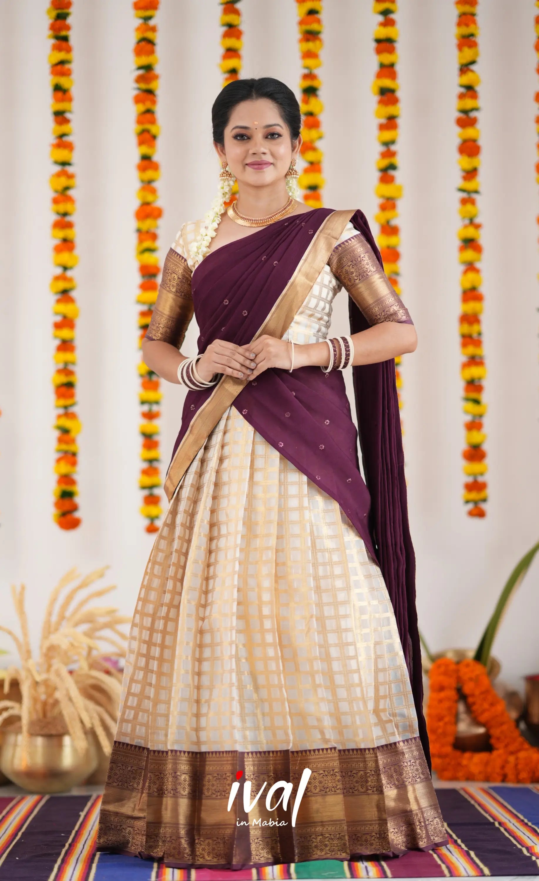 Izhaiyini Organza Halfsaree - Offwhite And Tone Of Wind Maroon Half Sarees